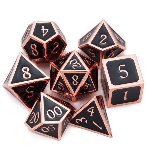 Glossy Black and Bronze Metal Dice Set | 7 piece