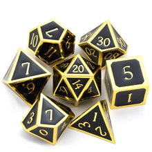 Load image into Gallery viewer, Glossy Black Metal Dice Set with Gold Boarders | 7 piece