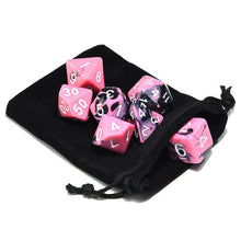 Load image into Gallery viewer, Pink and Black Marble Dice Set A with dice pouch